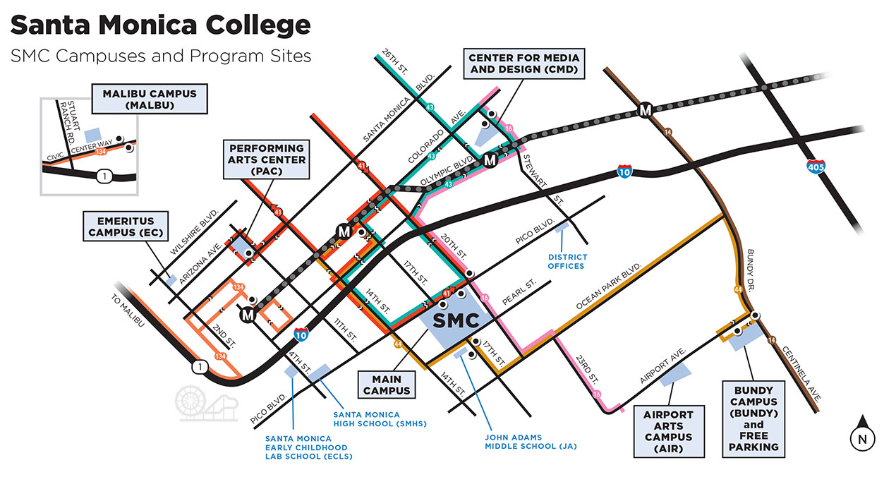 Map of Santa Monica with the SMC campuses