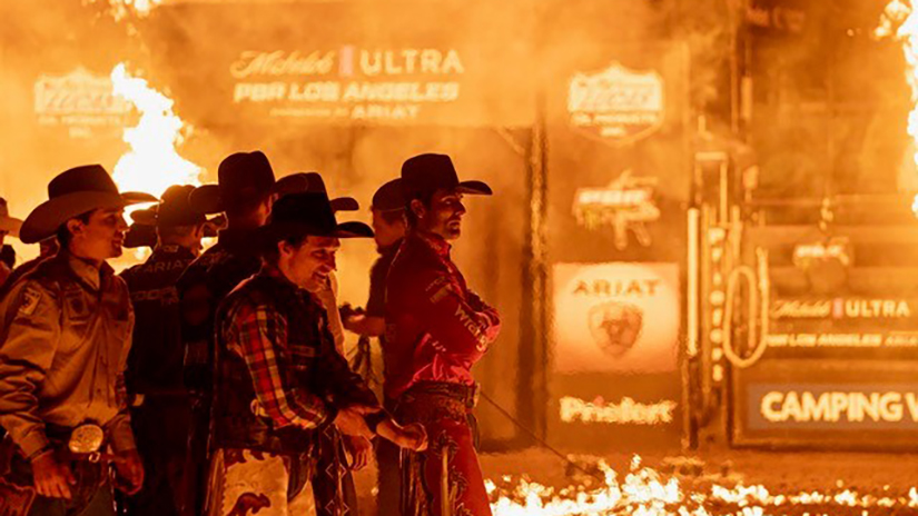 An image from Danilo Perez’s JACC first place winning photo story. Professional Bull Riders being introduced in a circle of flames before the start of the event in Los Angeles, Calif. at Crypto.com Arena on Saturday, Feb.16, 2023. (Photo Credit: Danilo Perez | The Corsair)