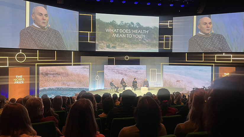 A view from the audience as Nobel Laureate Drew Weissman discusses the future of health during the 2024 Nobel Prize Dialogues in Stockholm.