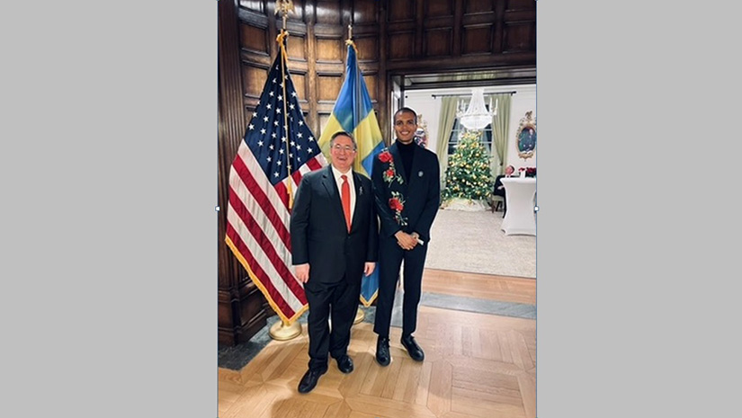 Hunter Doradea with U.S. Ambassador to Sweden, Erik Ramanathan, during the 2024 Nobel Laureate reception in Stockholm at the United States Embassy.