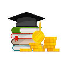 Graduation cap on top of books and next to coins